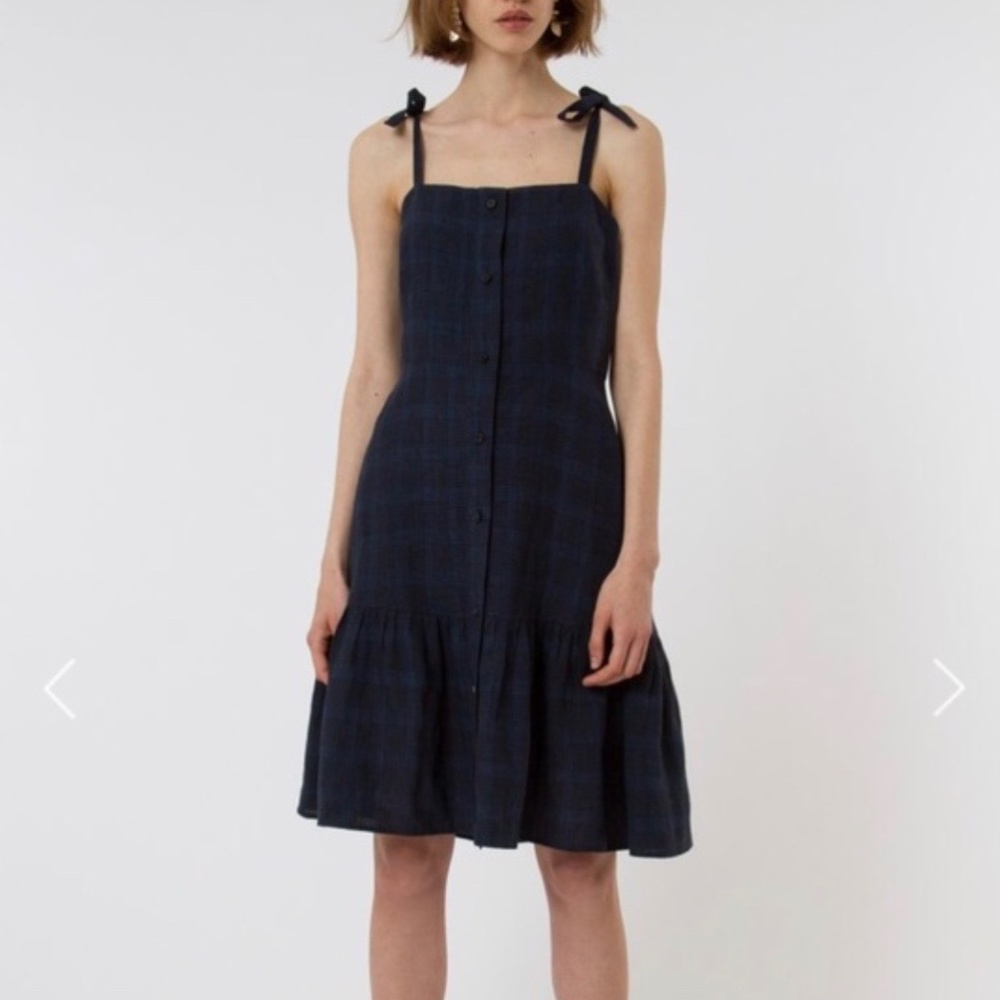 Creatures of Comfort Linen Blue Plaid Orion Ruffle Dress